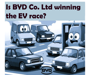 Picture showing intelligent cars and logo of BYD Co. Limited