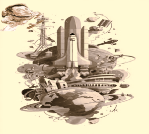 Picture showing rockets, other spacecraft and an astronaut